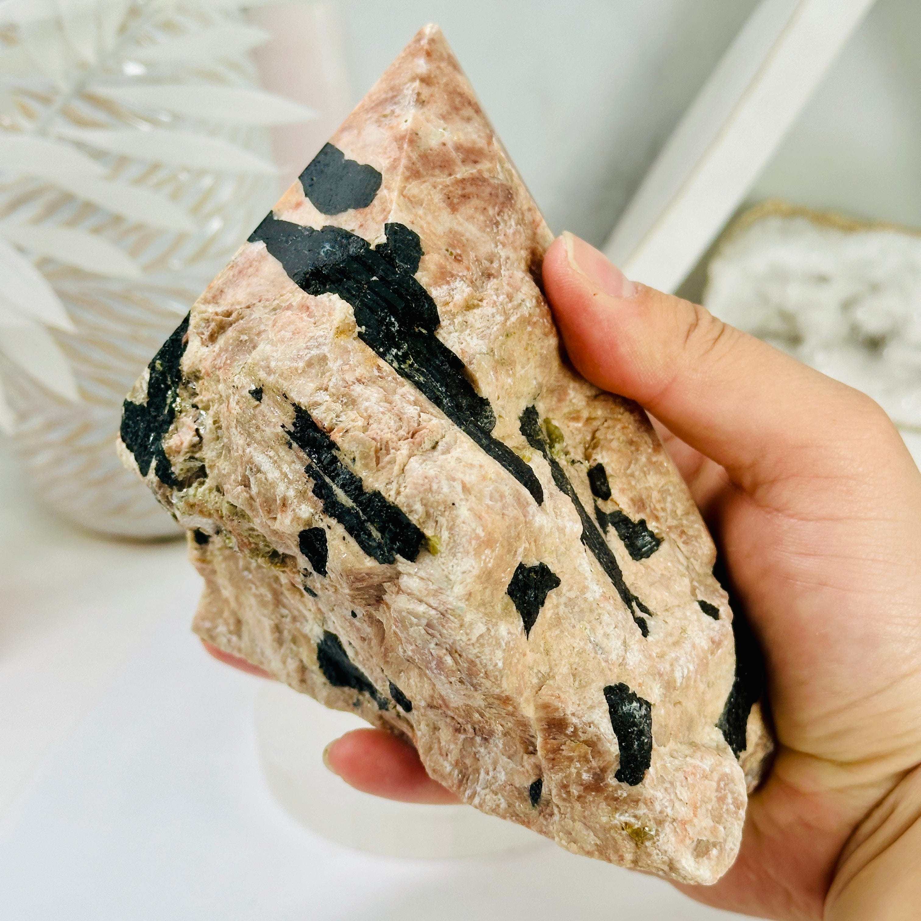 Semi polished newest feldspar point with black tourmaline