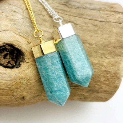 amazonite Point Necklaces on Gold and Silver Plated Chain up close 