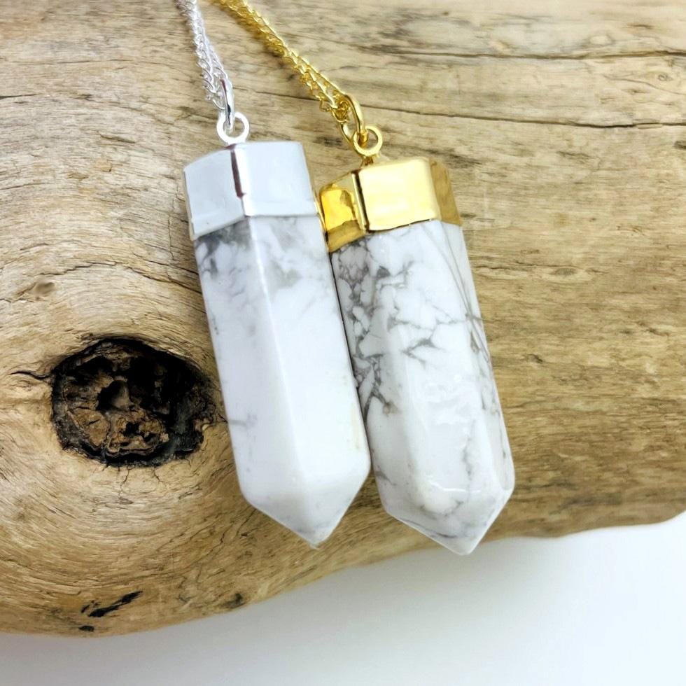 White howlite Point Necklaces on Gold and Silver Plated Chain up close 