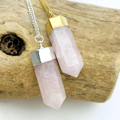 Rose Quartz Point Necklaces on Gold and Silver Plated Chain up close 
