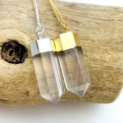 Crystal Quartz Point Necklaces on Gold and Silver Plated Chain up close 