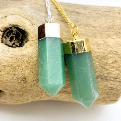 Aventurine Point Necklaces on Gold and Silver Plated Chain up close 