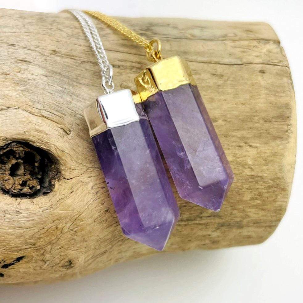 amethyst Point Necklaces on Gold and Silver Plated Chain up close 