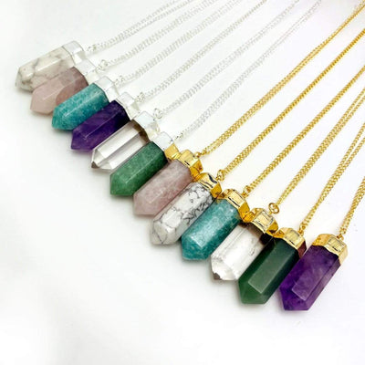 Assorted  Stone Point Necklaces on Gold or Silver Plated Chain spread out to see all available