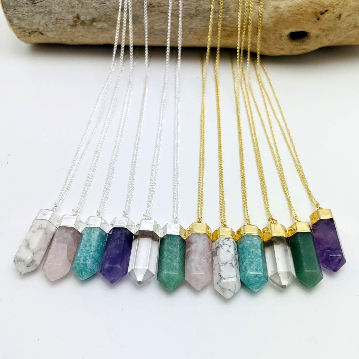All the assorted stones available on this Point Necklaces on Gold and Silver Plated Chains