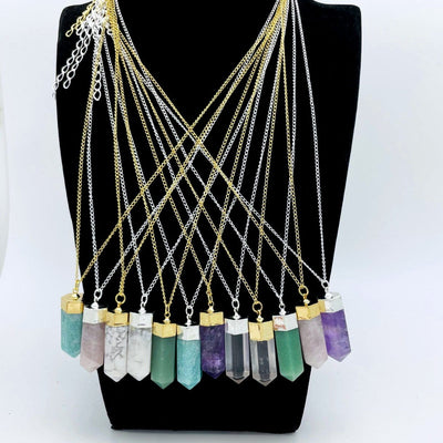 assorted Stone Point Necklaces on Gold or Silver Plated Chains on a bust to how all available