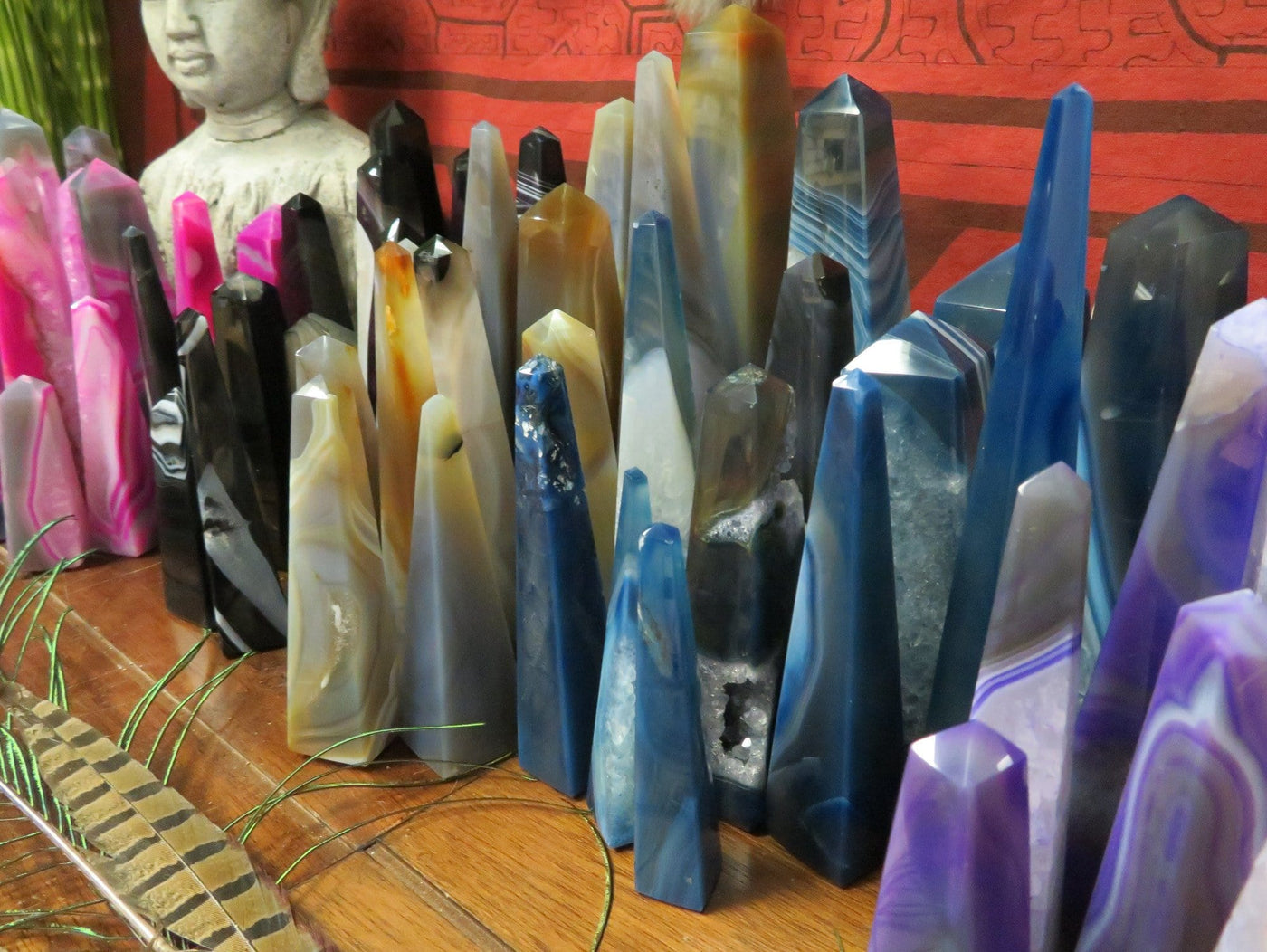 Close up Picture of all of all the variety of colors we have available for our agate tower points.