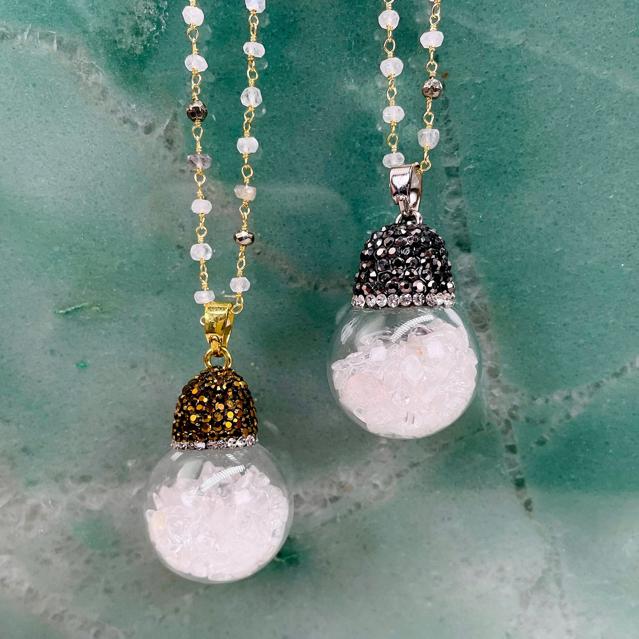 Necklace with Glass Sphere and Rhinestone Cap holds Crystal Quartz Chi ...