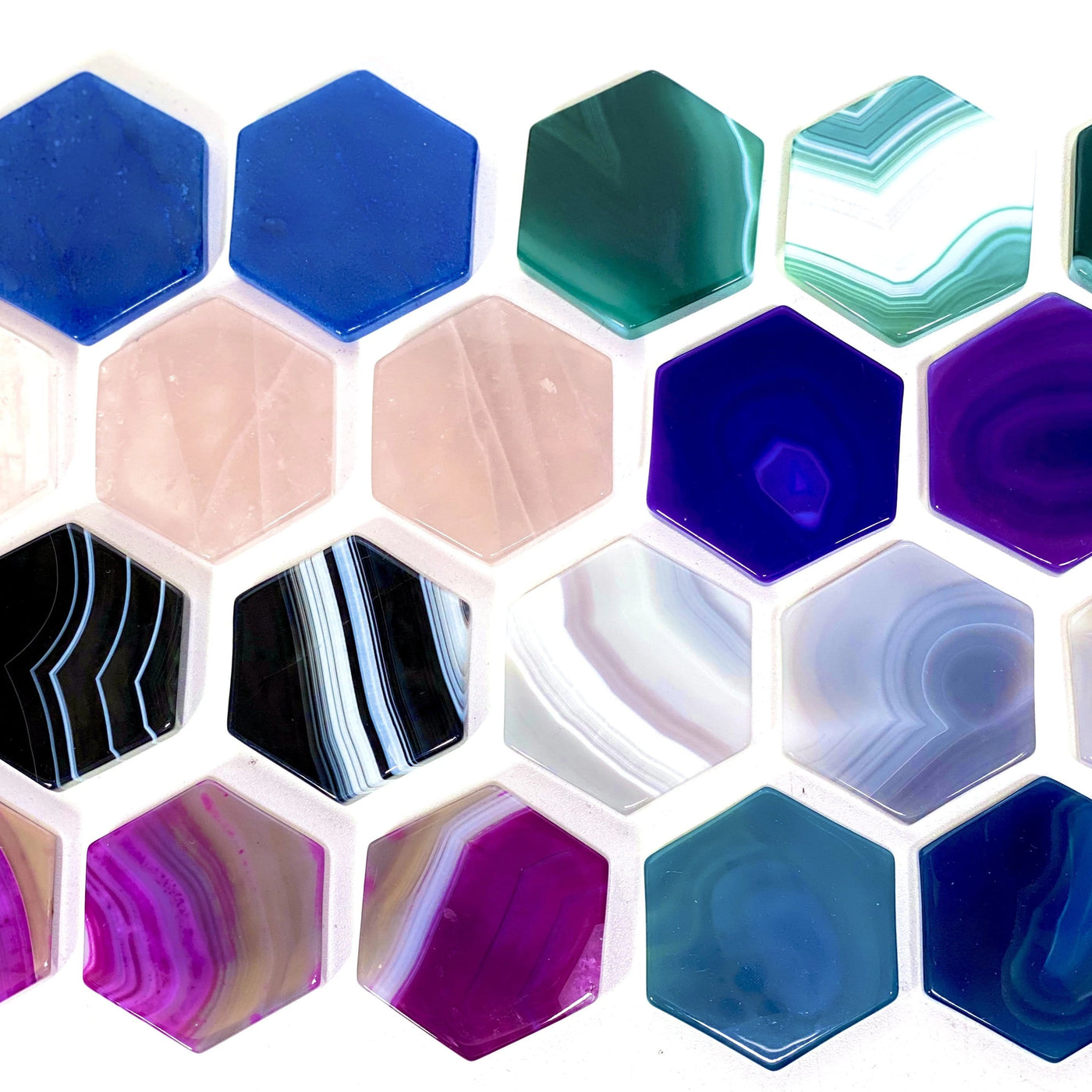 hexagon agate and quartz slices place cards displayed with white background