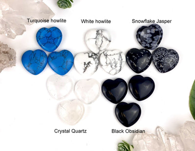 Gemstone Heart Worry Stone comes in turquoise howlite white howlite snowflake jasper crystal quartz black obsidian