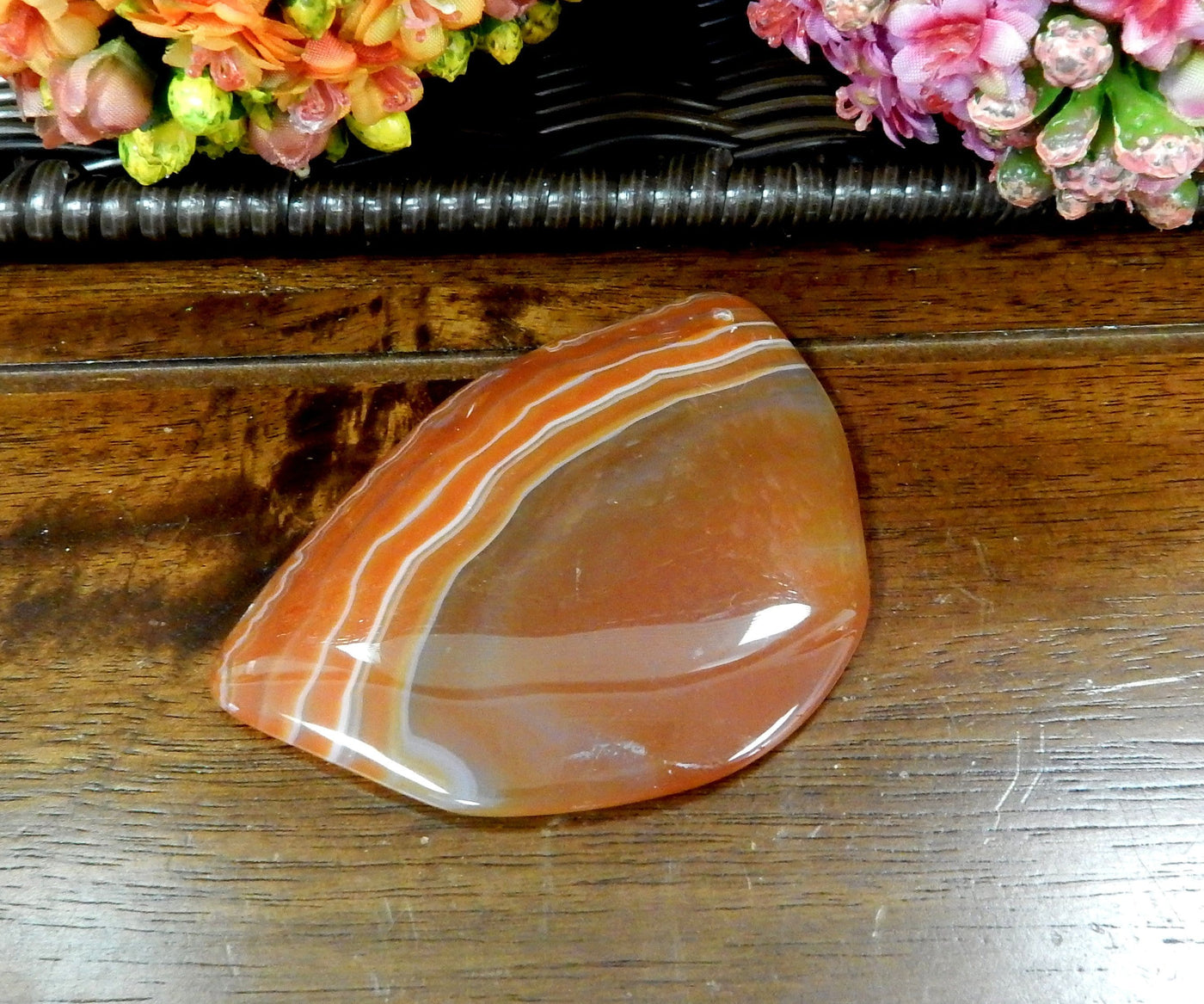 Red Drilled Freeform Agate Slices With Polished Edge on Wooden Background.