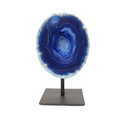One front facing blue agate geode on metal base with a white background.