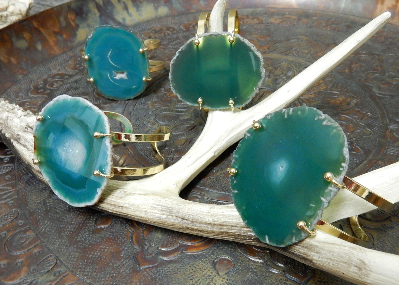 Green Agate Slice on Electroplated 24k Gold Adjustable Bracelets are front facing to show variation in agate pattern.