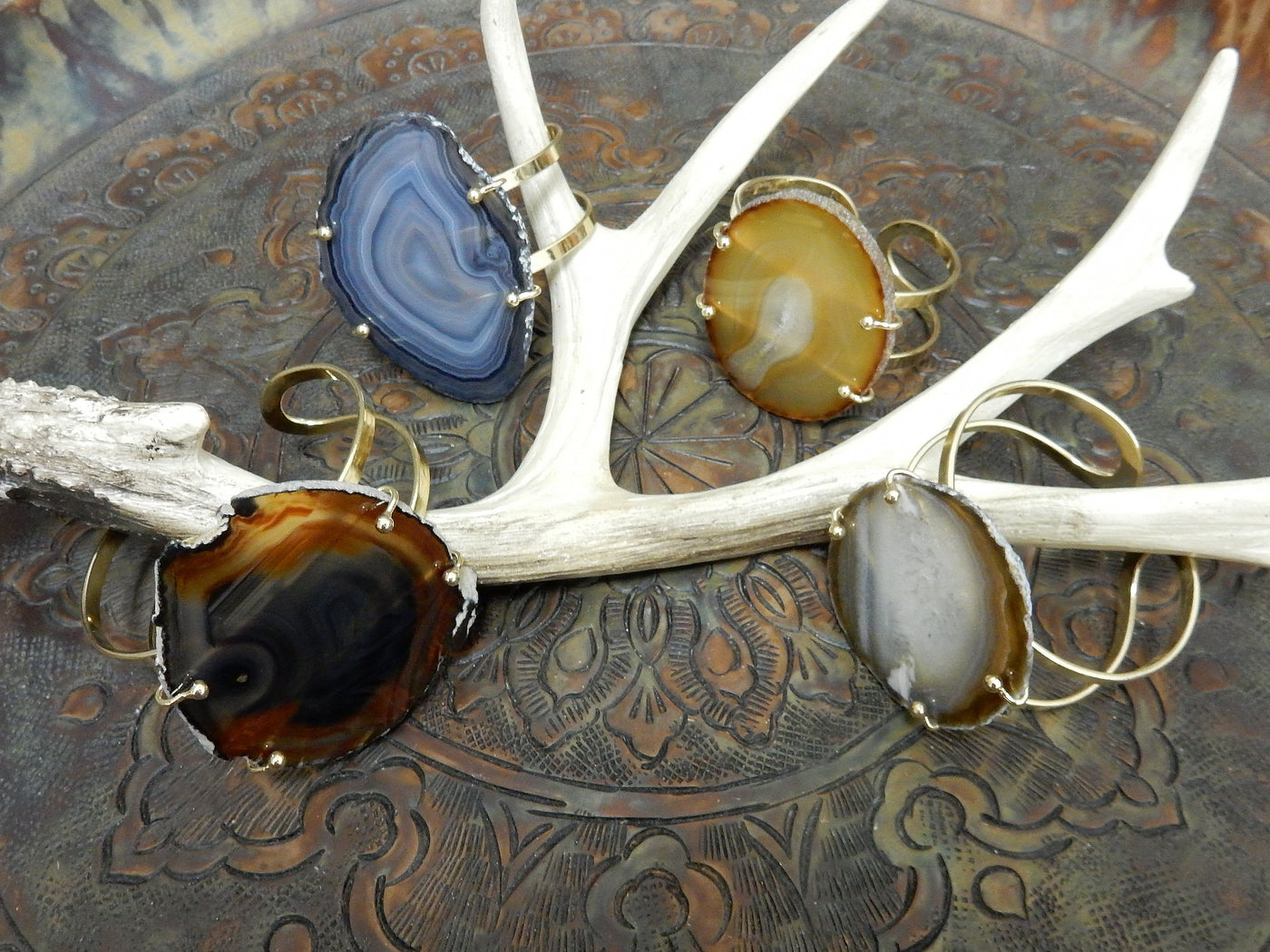 Natural Agate Slice on Electroplated 24k Gold Adjustable Bracelets are front facing to show variation in agate pattern.
