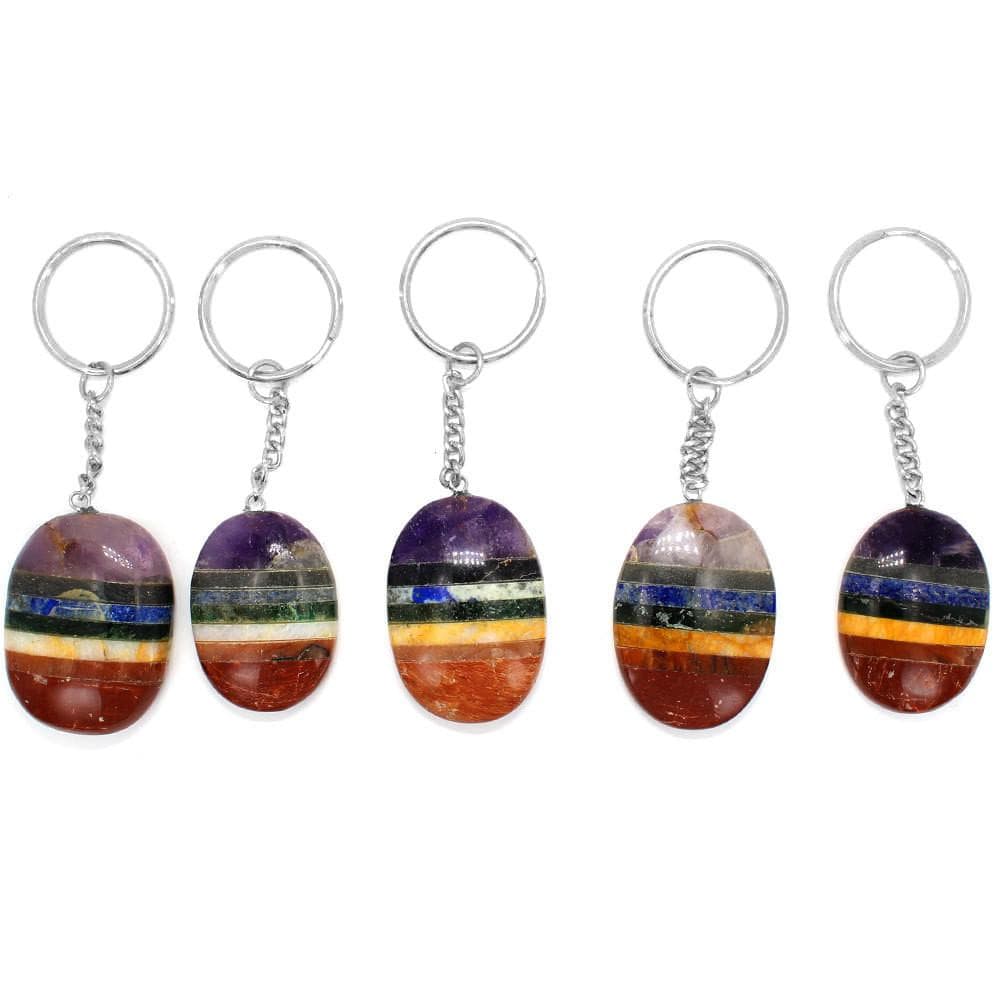 Seven Stone Chakra Worry stone Keychain - Silver Tone Keychain