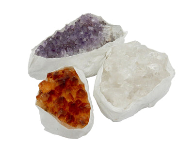 Flat Boxes - Amethyst Citrine And Crystal Cluster Flat Box - one of each stone on a table 