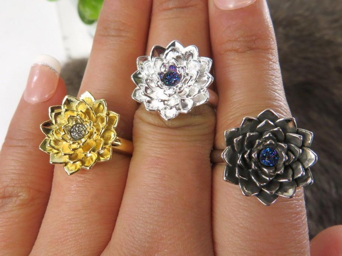 succulent ring Succulent Ring with Druzy Center 9 / Silver/Platinum