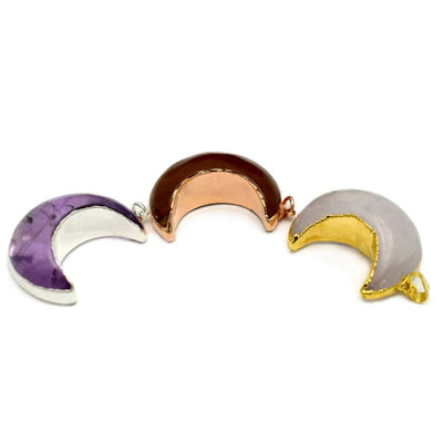 Gemstone Moon Crescent Pendant with Electroplated Edge, an amethyst with silver edge, a tigers eye with a rose gold edge and a rose quartz with a gold edge
