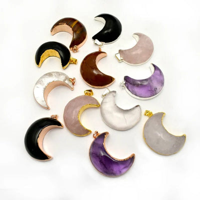 Gemstone Moon Crescent Pendants with Electroplated Edge , showing different stone and finishes, gold, rose gold and silver