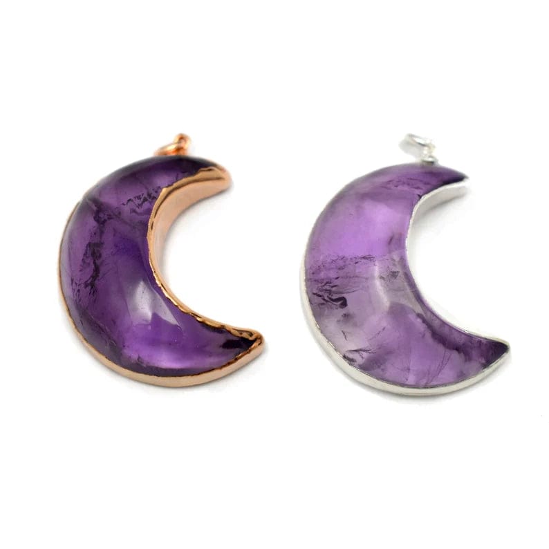 Amethyst moons, one with rose gold plating and the other with silver . 