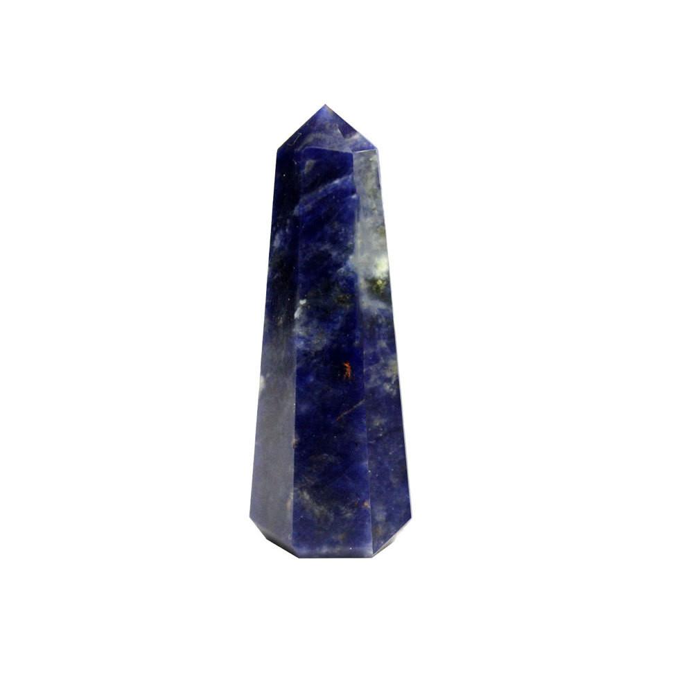 one sodalite crystal tower on display on white background for details
