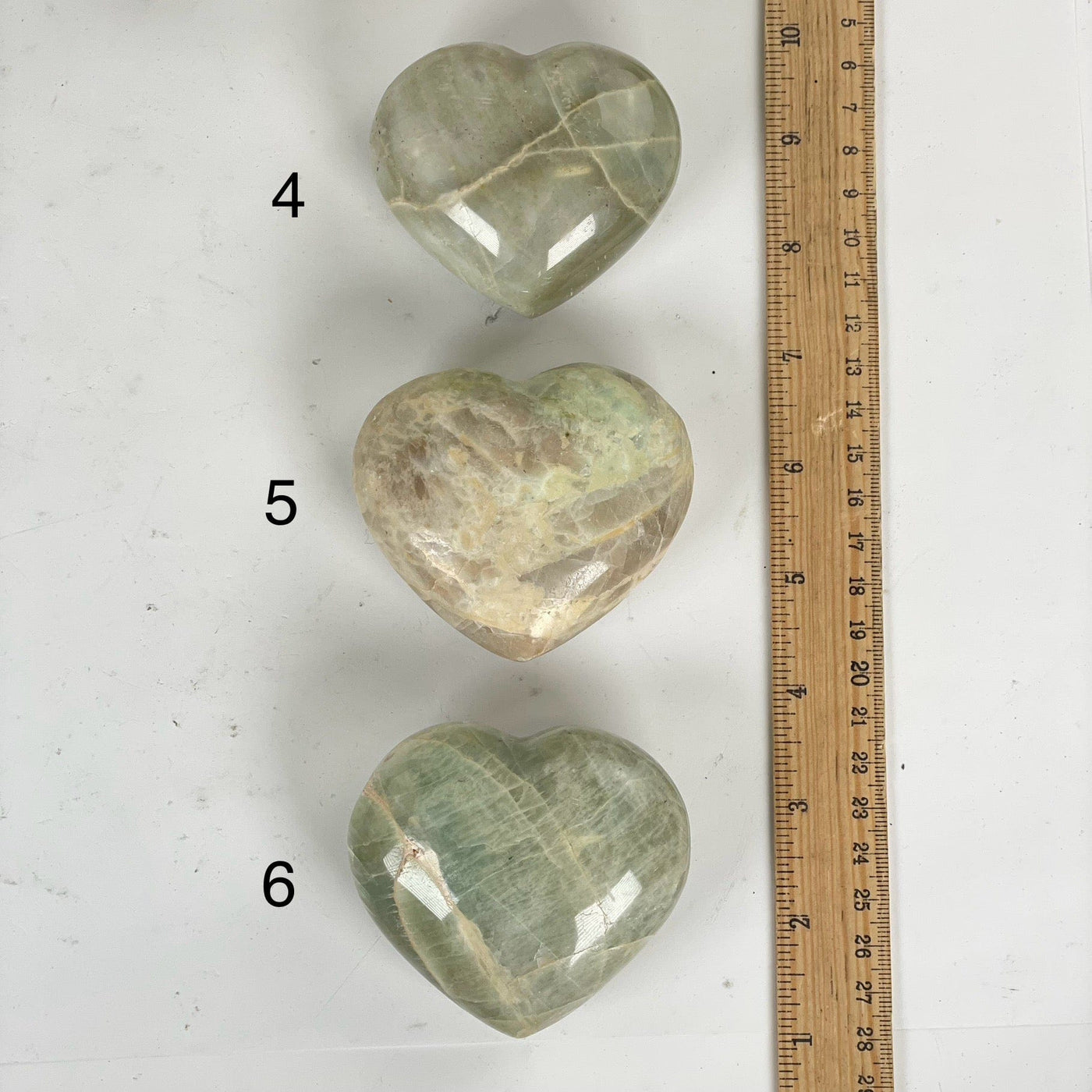 Garnierite Green Moonstone Crystal Heart - You Choose variants 4, 5, and 6 labeled with ruler for size reference