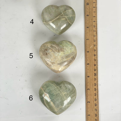 Garnierite Green Moonstone Crystal Heart - You Choose variants 4, 5, and 6 labeled with ruler for size reference