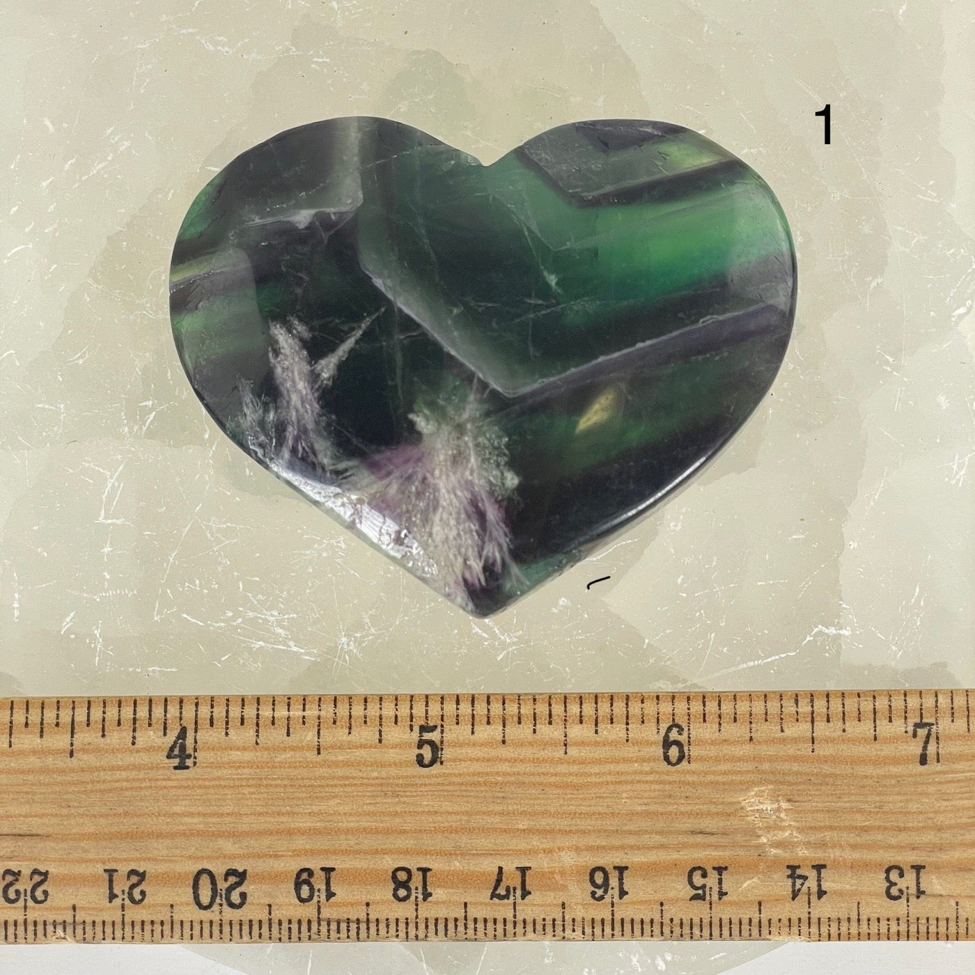 Rainbow Feathered Fluorite Crystal Heart - You Choose variant 1 labeled with ruler for size reference