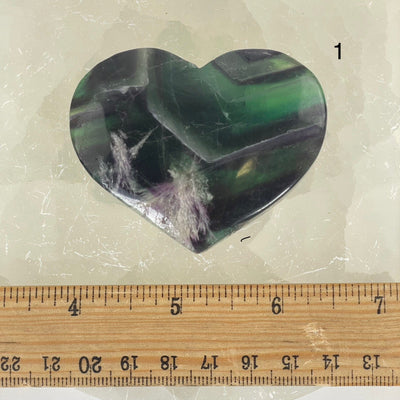 Rainbow Feathered Fluorite Crystal Heart - You Choose variant 1 labeled with ruler for size reference