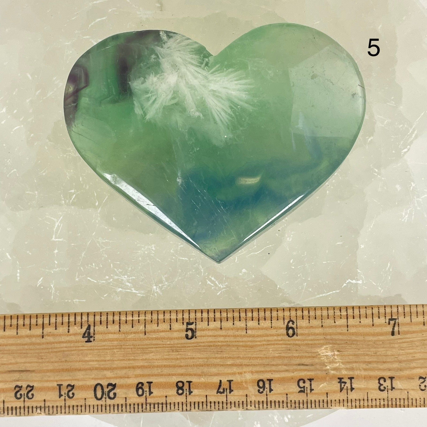 Rainbow Feathered Fluorite Crystal Heart - You Choose variant 5 labeled with ruler for size reference