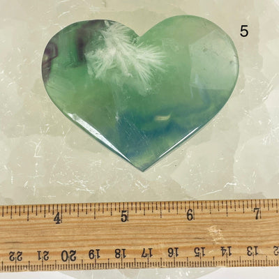 Rainbow Feathered Fluorite Crystal Heart - You Choose variant 5 labeled with ruler for size reference