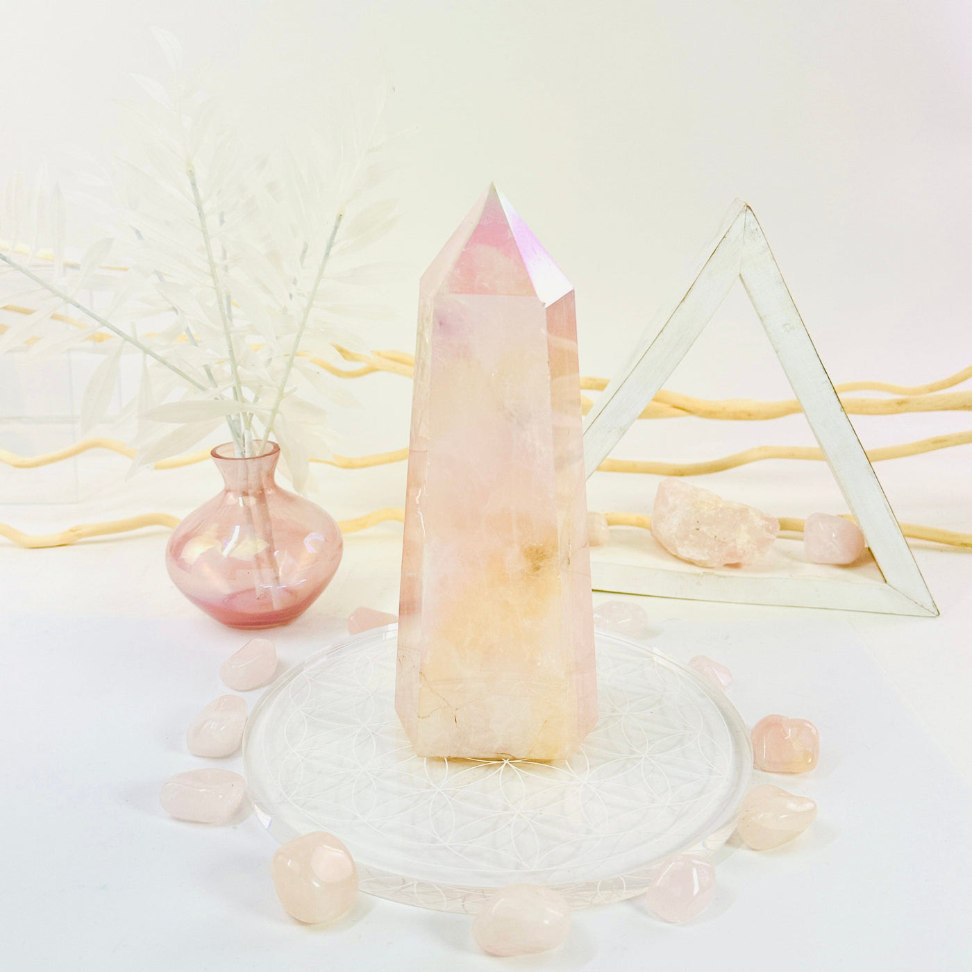 Angel Aura Rose Quartz Generator with Natural Inclusions front view