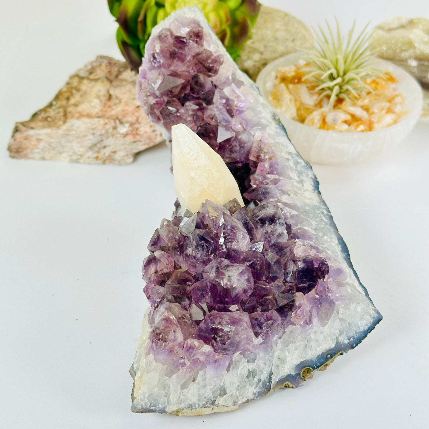 Amethyst Crystal Cluster with Calcite One-of-a-Kind #3 side view