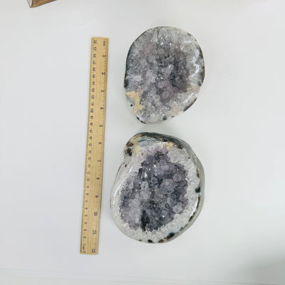 amethyst geode box next to a ruler for size reference