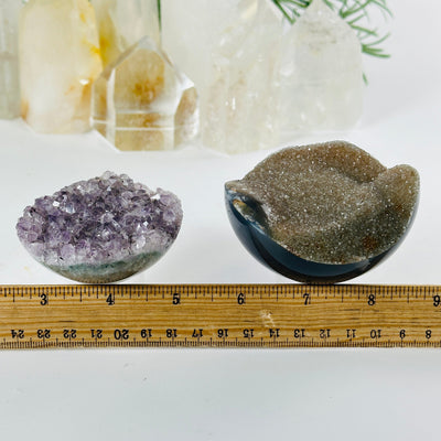 Agate Amethyst Druzy Hemisphere from Uruguay - Crystal Half Sphere - You Choose both variants with ruler for size reference