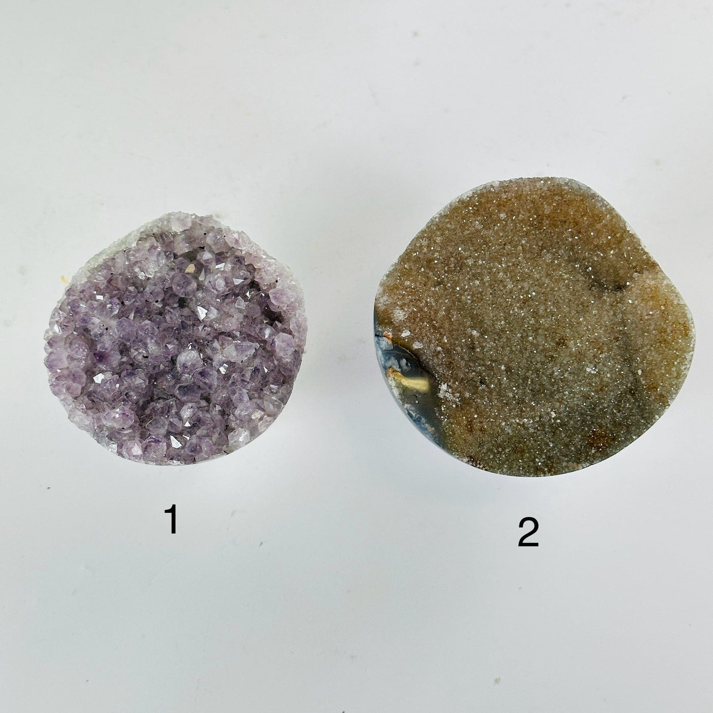 Agate Amethyst Druzy Hemisphere from Uruguay - Crystal Half Sphere - You Choose both variants top view labeled