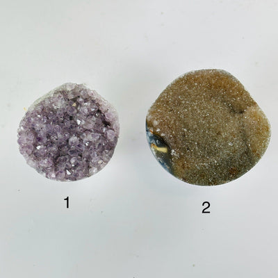 Agate Amethyst Druzy Hemisphere from Uruguay - Crystal Half Sphere - You Choose both variants top view labeled