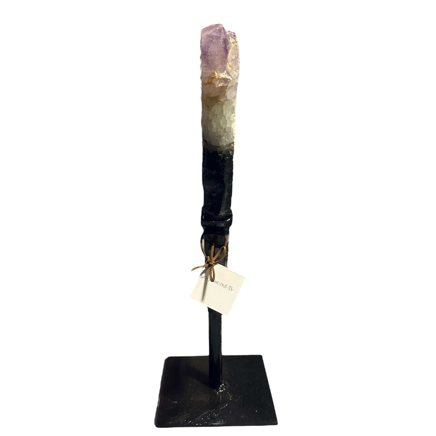 amethyst with jasper on metal stand on white background