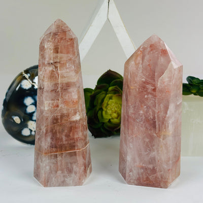 Hematoid Fire Quartz Polished Crystal Tower - You Choose both variants front view with props and plants in the background