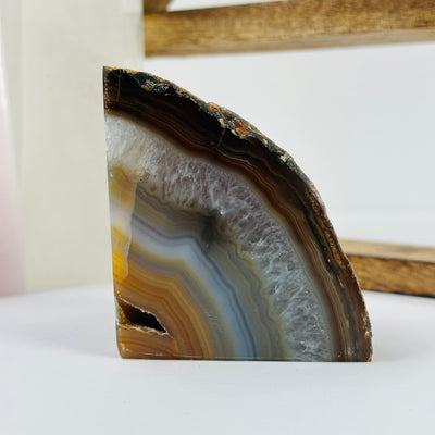 agate bookend with decorations in the background