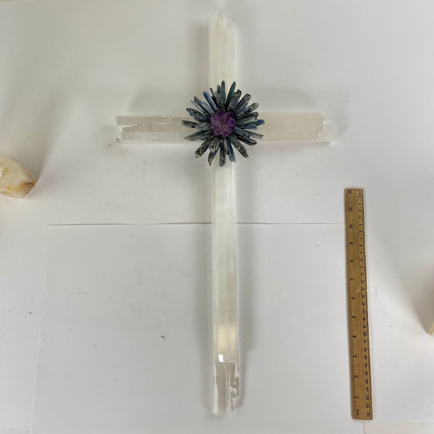 Selenite Blue Kyanite and Amethyst Crystal Cross Wall Hanging - One-of-a-Kind with ruler for size reference