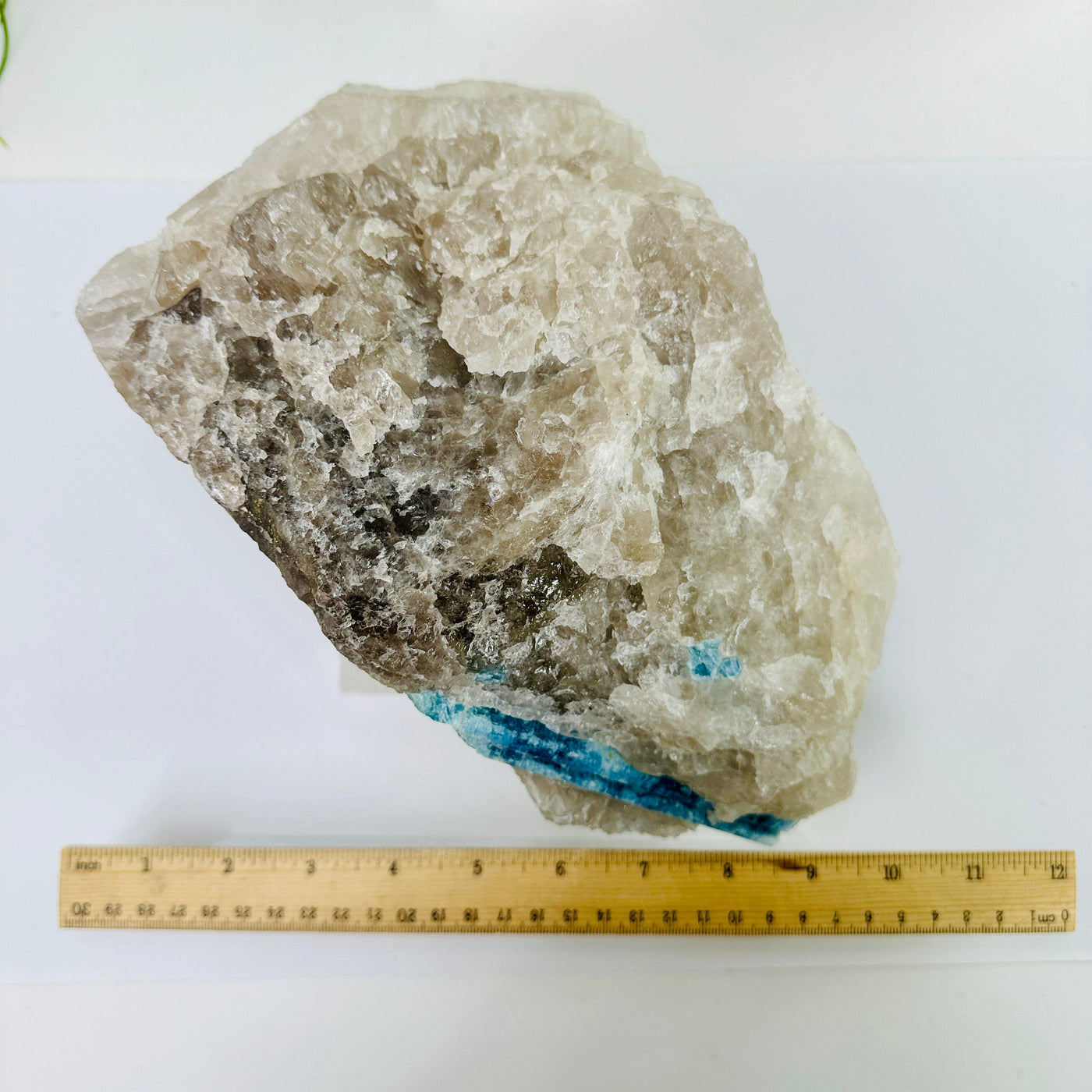  Aquamarine in matrix - aquamarine crystal diagonally embedded in natural rough stone top view with ruler for size reference