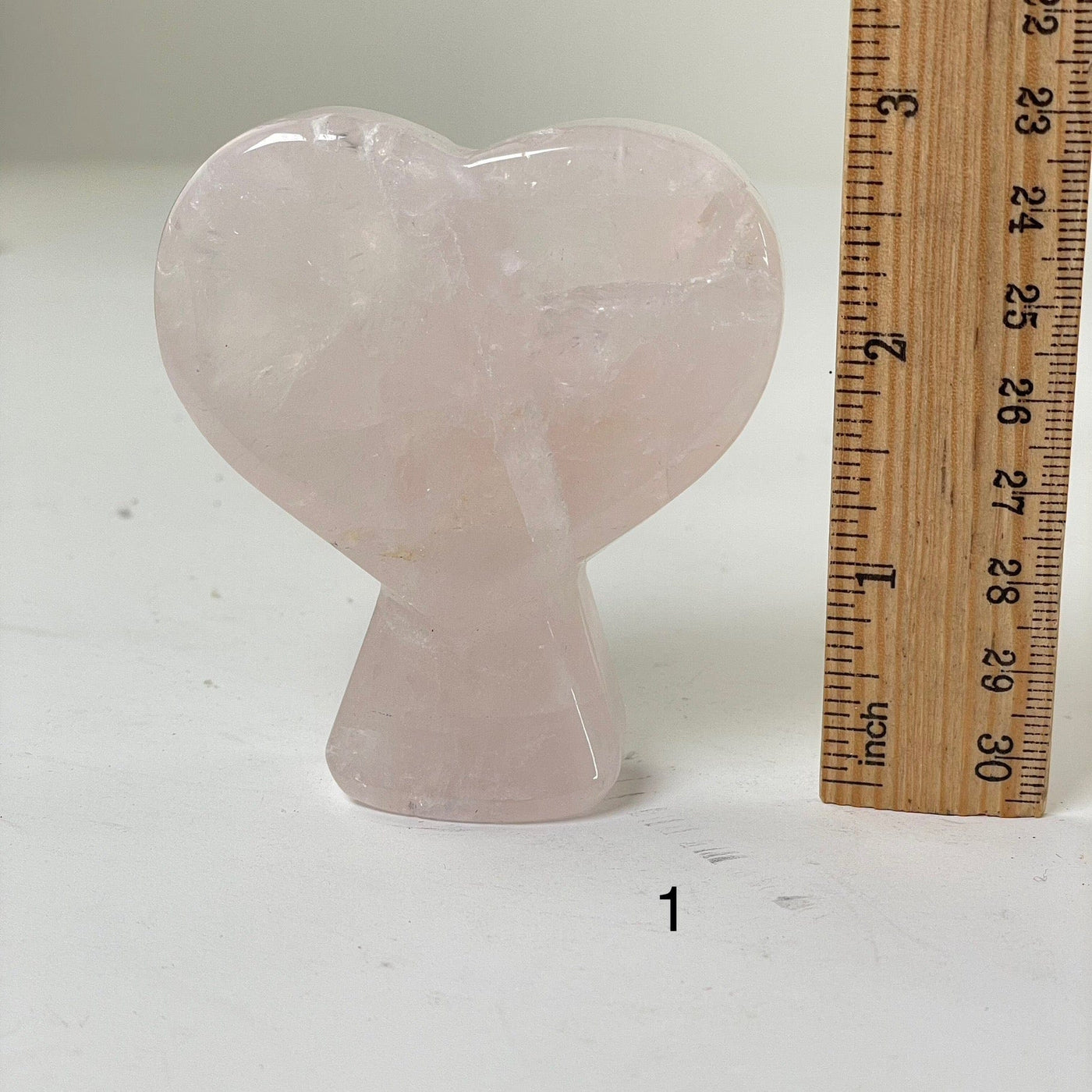 Rose Quartz Crystal Heart on Stand - You Choose variant 1 labeled with ruler for size reference