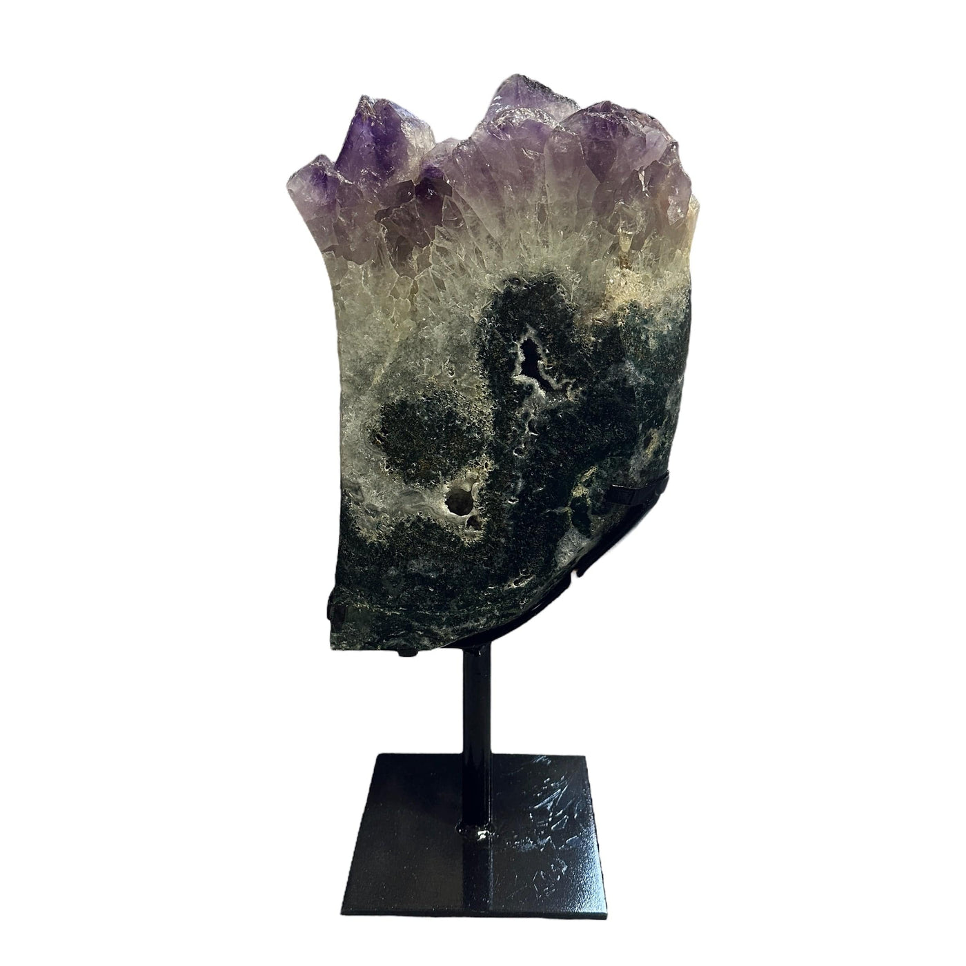 amethyst with jasper on metal stand on white background