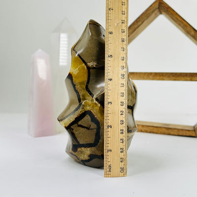 septarian flame point next to a ruler for size reference