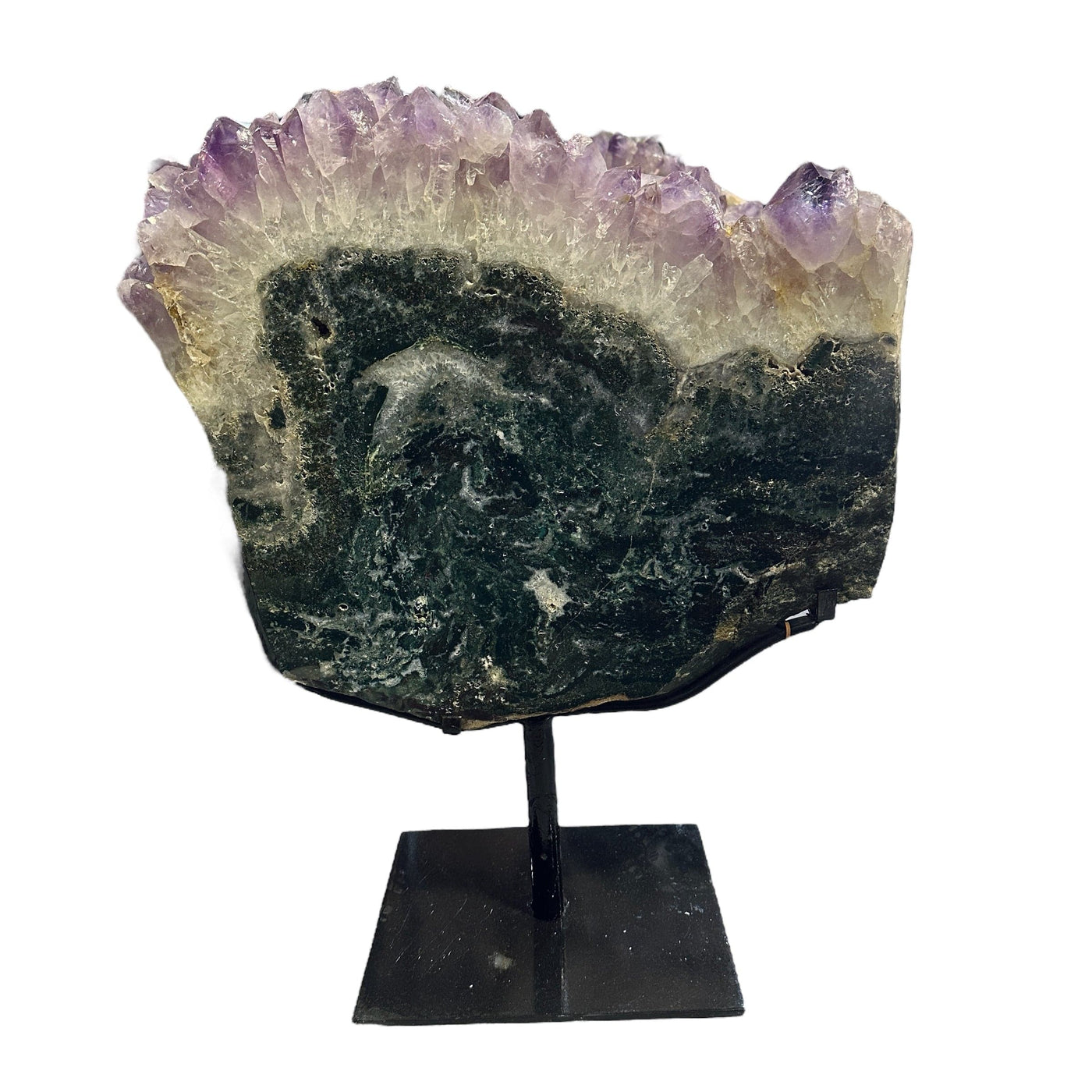 amethyst with jasper on metal stand on white background