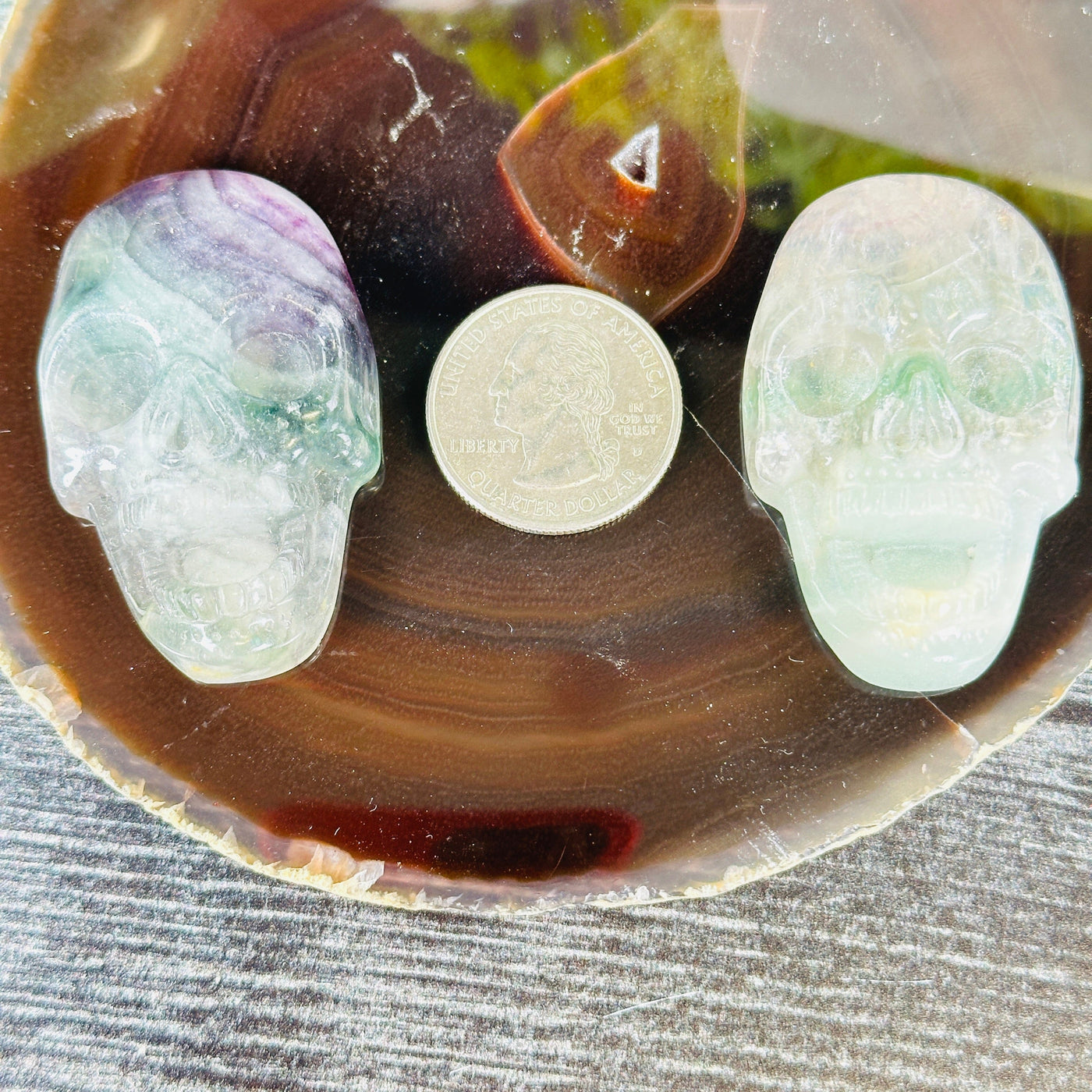Fluorite Laughing Skull Crystal Cabochon - You Choose both variants with quarter for size reference