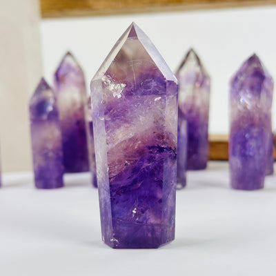 amethyst points with decorations in the background