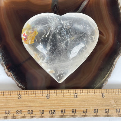 Crystal Quartz Heart with Natural Inclusions - One-of-a-Kind top front view with ruler for size reference