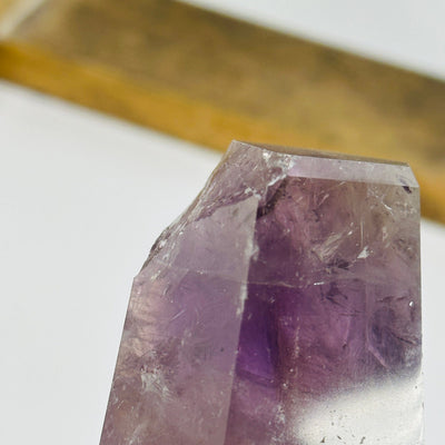 amethyst points with decorations in the background